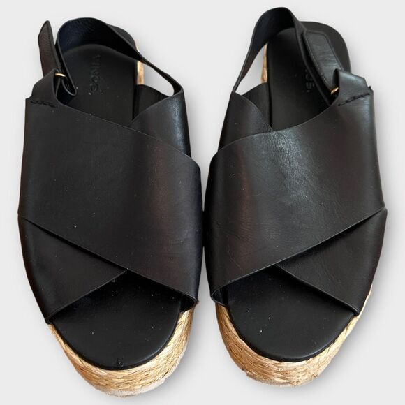 Vince Platform Espadrille Sandals Jesson Black Leather Size 9 EU 39.5 EUC - Picture 4 of 11